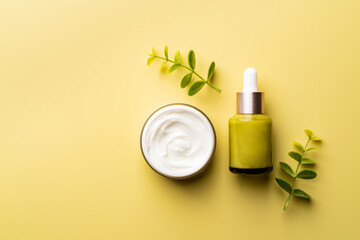 Obraz na płótnie Canvas Set of natural cosmetics for face care serum bottle and cream on yellow background, top view