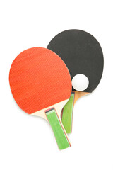 Ping pong rackets and ball isolated on white background.