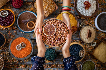 Various of beans at the hands of two women in the bowl.
