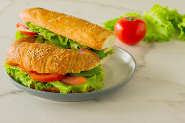 whole grain long baguette vegan sandwich with lettuce, avocado, tomato and cheese. Healthy snack and food to go