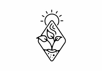 Plant and sun line art illustration in diamond shape