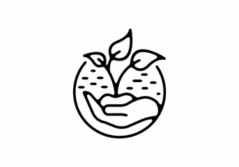 plant on hand line art illustration in circle shape