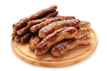 Roasted sausage on cutting board isolated on white background