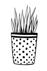 Flower pot with decorative grass, plant. Hand drawn simple black outline vector illustration in cartoon doodle style, isolated. Design element, clip art for decoration, coloring page