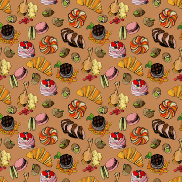 Seamless pattern with French cuisine dishes. Design for cafes, fabrics, textiles, wallpapers, packaging.	