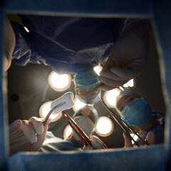 View from below of medical team holding scalpel, scissors and forceps with tampon, wearing medical...
