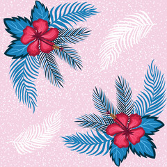 Colorful tropical seamless pattern with hibiscus flowers and palm leaves