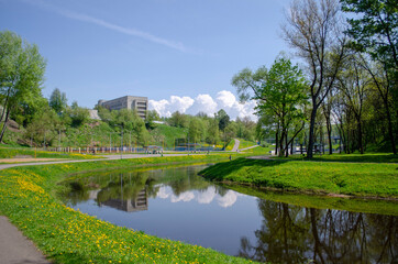 river in the city park and roads