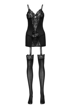 Subject shot of black lingerie set composed of tight dress with lace inserts, crystal charm, silk bow and stockings with garter straps. Erotic clothes are isolated on the white backdrop.