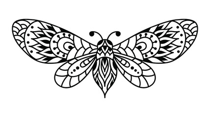 butterfly mandala. Vector silhouette illustration. Monochrome zentangle moth. Linear art symbol. Vintage insect.