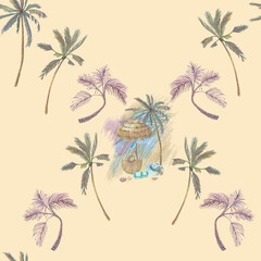 Fototapeta na wymiar Seamless pattern with colored palm trees and arrangement of beach items and spot. Hand drawn sketch of floral objects in colored pencil technique. Light yellow background.