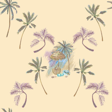Seamless pattern with colored palm trees and arrangement of beach items and spot. Hand drawn sketch of  floral objects in colored pencil technique. Light yellow background.