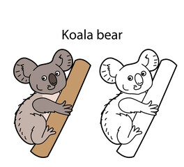 Funny cute animal koala isolated on white background. Linear, contour, black and white and colored version. Illustration can be used for coloring book and pictures for children