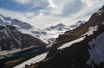 Panorama of a beautiful mountain landscape in the Elbrus region of Kabardino-Balkaria. Mountains in the snow