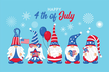 4th of july USA Independence day cute gnome character  set. Template for cards, stickers and party invitations. - obrazy, fototapety, plakaty