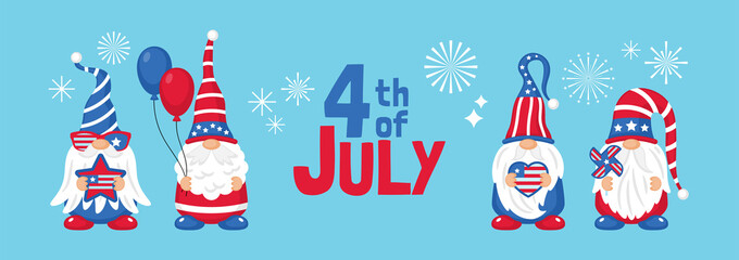 4th of july USA Independence day banner design with cute gnome character. Template for cards, posters and party invitations.