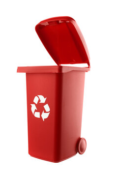 Plastic red trash can isolated on white background