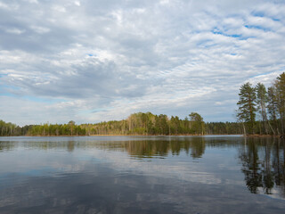 Fototapeta premium Typical view of the lake in calm weather with forest on the banks in Republic of Karelia, northwest of Russia