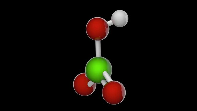 Chloric acid (Chloric(V) acid), HClO3, is an oxoacid of chlorine, and the formal precursor of chlorate salts. 3D render. Seamless loop. RGB + Alpha (Transparent) channel