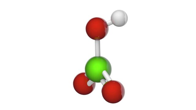 Chloric acid (Chloric(V) acid), HClO3, is an oxoacid of chlorine, and the formal precursor of chlorate salts. 3D render. Seamless loop. Chemical structure model: Ball and Stick. White background