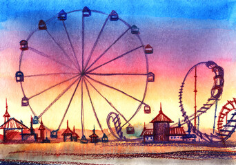 Picturesque hand drawn landscape with amusement park. Colorful silhouettes of attractions with high Ferris wheel and roller coaster against wonderful sunset gradient sky. Park of attractions - 434041350
