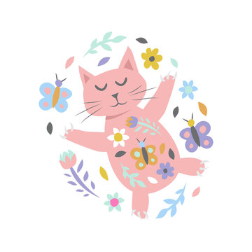 Cat with flowers and butterflies on white. Childish cute print for card and poster. Vector Illustration