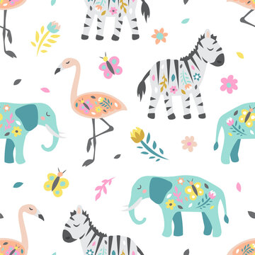 Safari childish seamless pattern. Cute zebra elephant and flamingo. Creative texture for fabric, textile