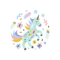 Unicorn with flowers and butterflies on white. Childish cute print for card and poster. Vector Illustration