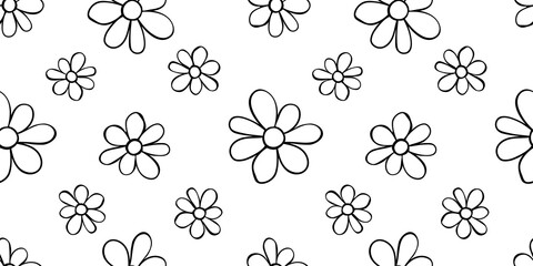 Vector simple primitive floral seamless pattern. Cute endless print with flowers drawn by hand. Sketch, doodle, scribble
