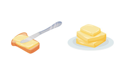 Butter as Dairy Product Rested on Plate and Spread on Bread Vector Set