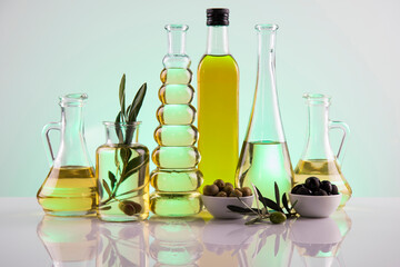 Bottles with organic cooking olive oil and olive branch