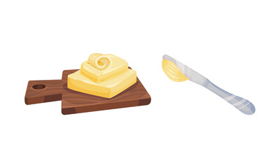 Butter as Dairy Product Rested on Cutting Board Vector Set