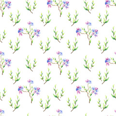 Seamless pattern with green leaves and pink flowers. Spring mood
