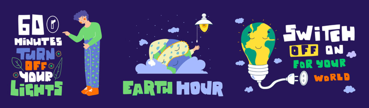 Earth hour banner set. Planet earth day. Save our day. Turn off your light. 60 minutes.
