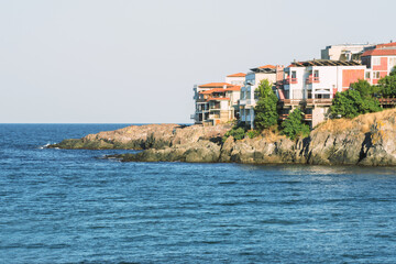 Fragment of the old town of Sozopol, Bulgaria.  View of the bay on the Black Sea in the town of Sozopol.