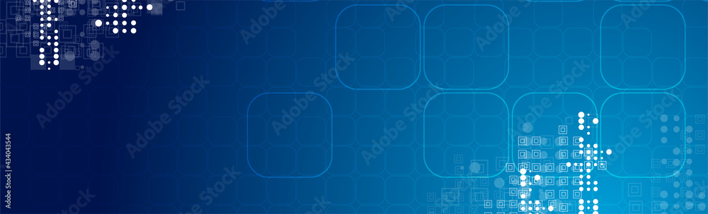Wall mural bright blue geometric banner with small squares and dots. technology vector background