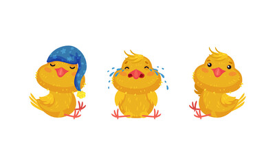 Cute Chicken Wearing Night Cap and Crying Vector Set