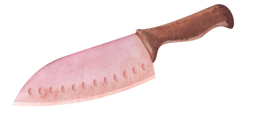 Watercolor image of big butcher knife with sharp blade and comfortable brown handle isolated on white background. Hand drawn illustration of meat cleaver. Kitchen utensil