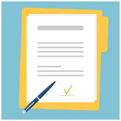 Contract or document signing icon. Document, folder with stamp, text and pen. Vector illustration