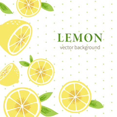 Hand drawn lemon illustration on yellow green polka dot background. Square background design template with lemons for poster, web banner, social media post, package, greeting card.
