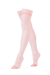 Detail shot of pale pink stockings with lace rims and reinforced toes. The delicate garment is isolated on the white background.