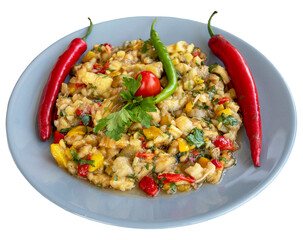 Grilled eggplant salad isolated on a white background. Healthy foods. Local name nar ekşili köz patlıcan salatası