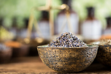 Herbs medicine and vintage wooden background