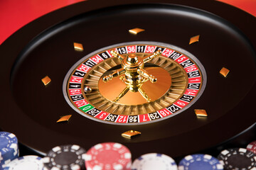 Roulette wheel running in a casino, Poker Chips