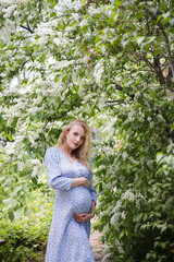 A beautiful young pregnant woman in a  dress with a straw hat walks in the spring garden. Happy pregnancy.
