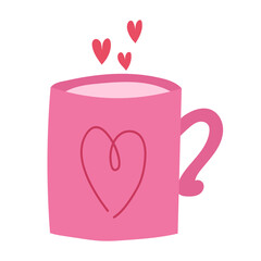 Cute romantic pink mug with tea or coffee and hearts.Vector hand drawn cartoon
