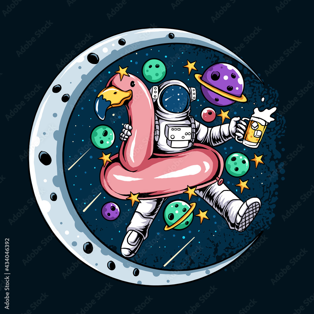Sticker astronauts sit on flamingos floats in space with the stars and moon at a summer party
