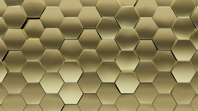 Gold, Hexagonal Mosaic Tiles arranged in the shape of a wall. Polished, Glossy, Bullion stacked to create a 3D block background. 3D Render