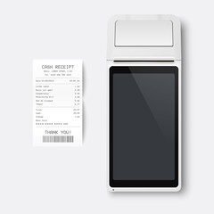 Vector Realistic White 3d Payment Machine. POS Terminal, Paper Receipt Closeup Isolated on White Background. Design Template of Bank Payment Terminal, Mockup. Processing NFC Payments Device. Top View