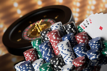 Roulette wheel running in a casino, Poker Chips